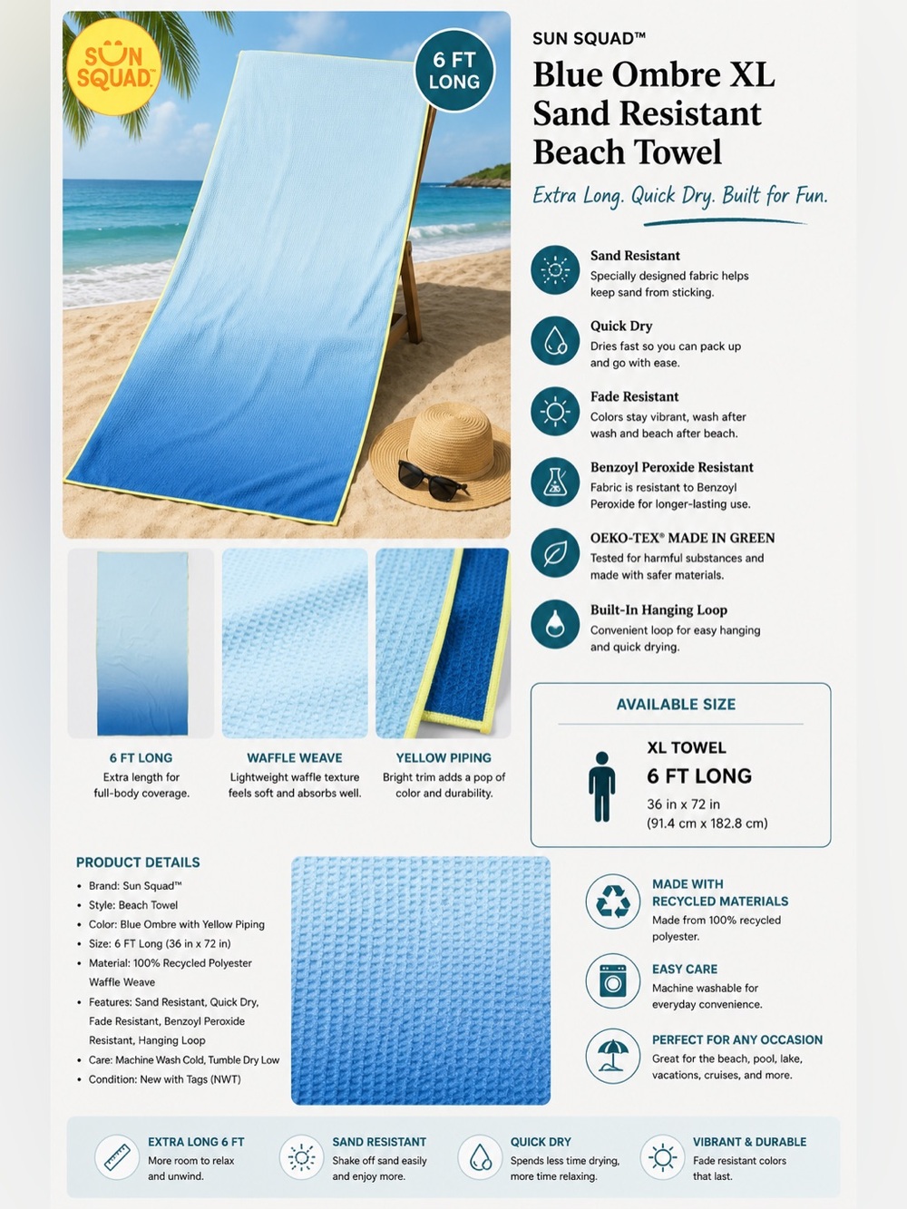 Blue Ombre XL Sand Resistant Beach Towel with Yellow Piping